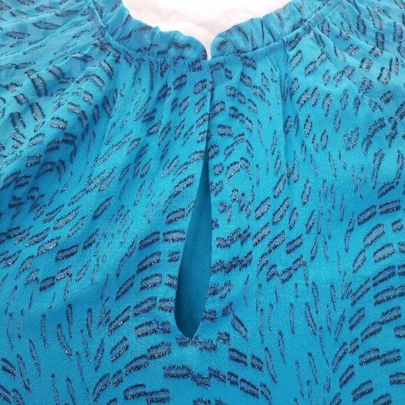 Lilly Pulitzer Caline Blouse Women M Teal Bay Silk Swirl Clip Silver Puff Sleeve - Picture 8 of 16